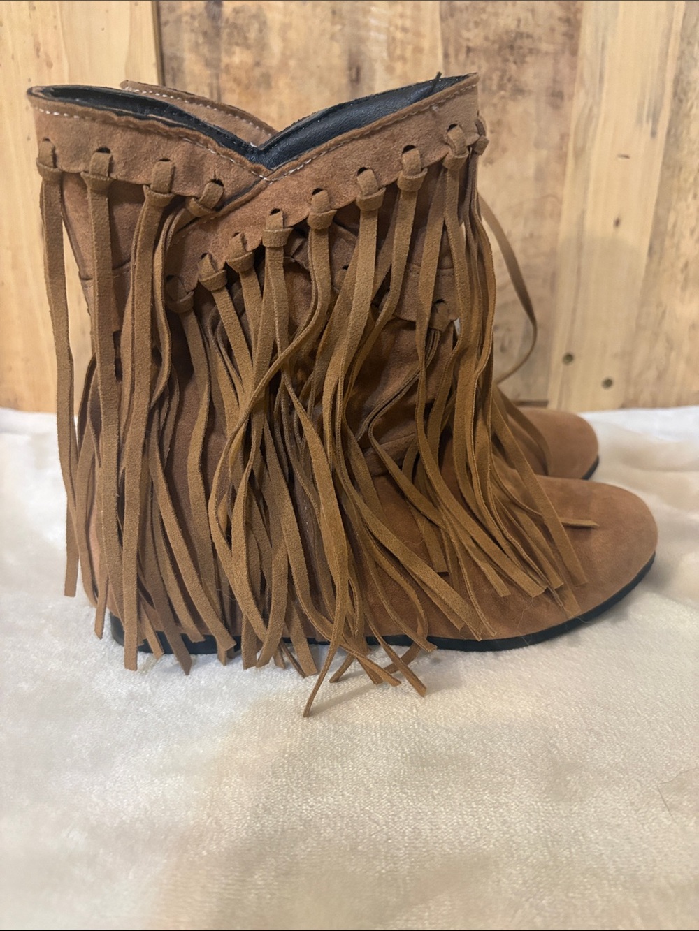 #124 Fringe Suede wedge Ankle Boots - Brown
